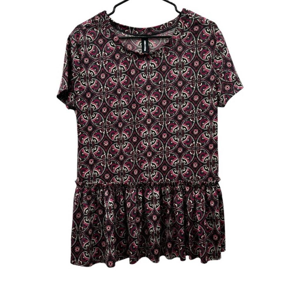 Agnes & Dora Geometric Paisley Short Sleeve Relaxed Ruffle Tee Top Size L